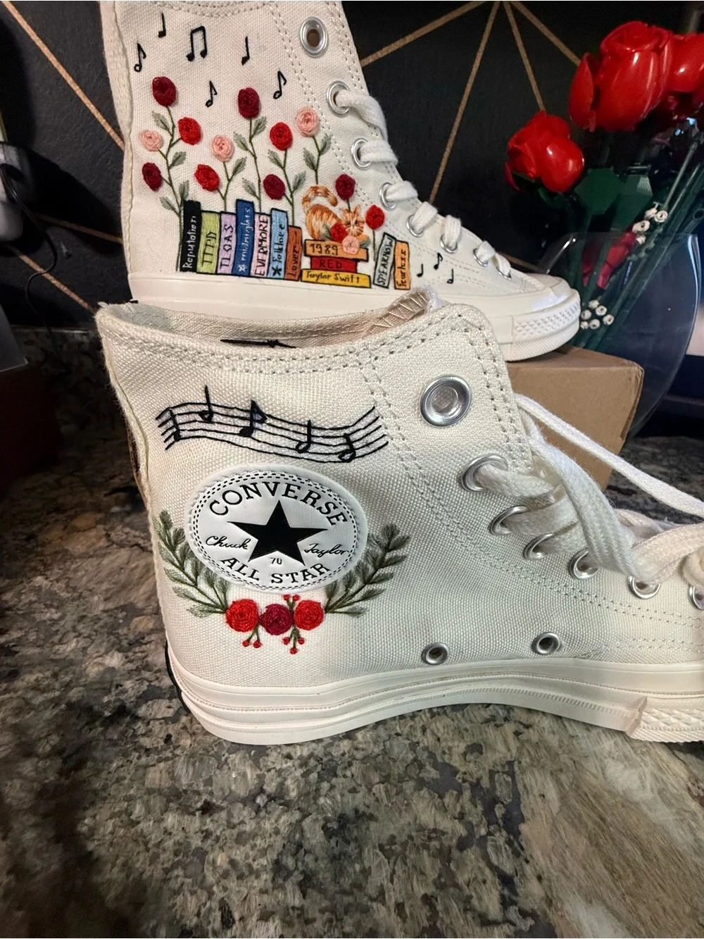 Converse Cream High-Top Sneakers with Floral, Book & Music Embroidery - Picture 2 of 10